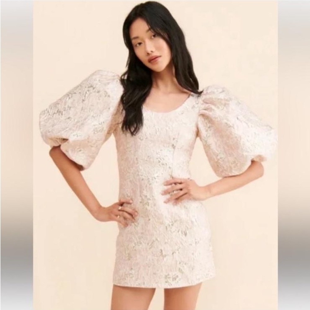 Free People Sister Jane Cream Lace Mini Dress with Puff Sleeves - Picture 1 of 5